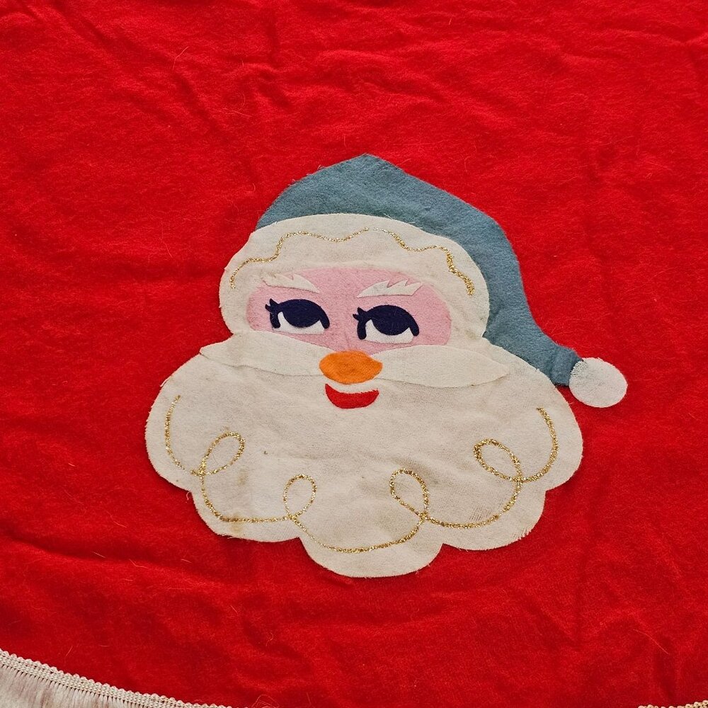 1970S Christmas Santa Claus Wool Tablecloth 37" gold glitter Trim vintage fringe - Picture 2 of 8